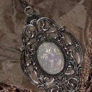 White Moonstone FIre Opal Silver Necklace LARGE